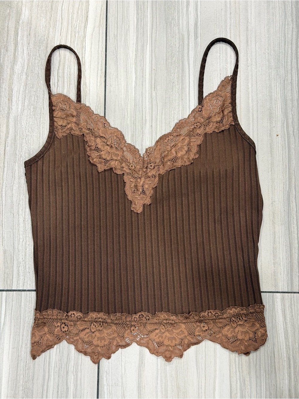 Brown Ribbed Lace Cami Tank Top